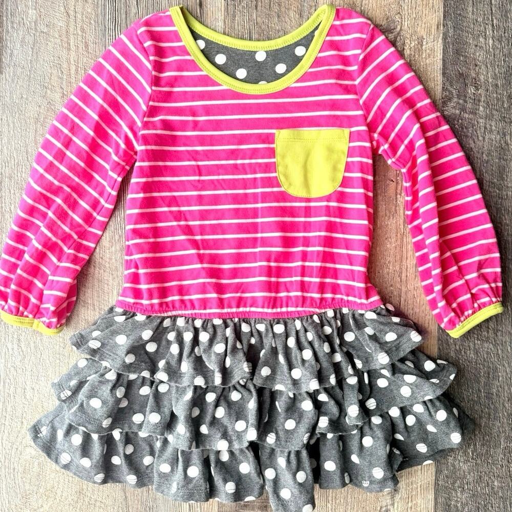 Bonnie Jean Size 4 Pink Stripe Polka Dot Ruffle Dress Lime Green Pocket
